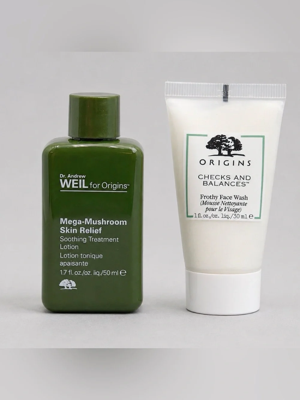Origins Mega-Mushroom Skin Relief Lotion 1.7 oz Checks & Balances Face Wash 1 oz